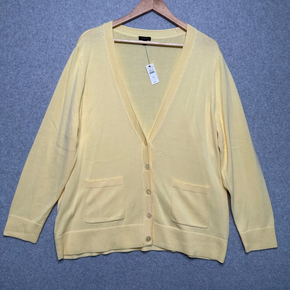 Talbots Womens XL Light Yellow V Neck Button‎ Front Cardigan Sweater Pockets NWT